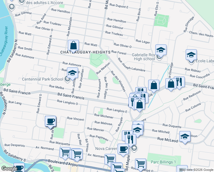 map of restaurants, bars, coffee shops, grocery stores, and more near Rue des Tulipes in Châteauguay