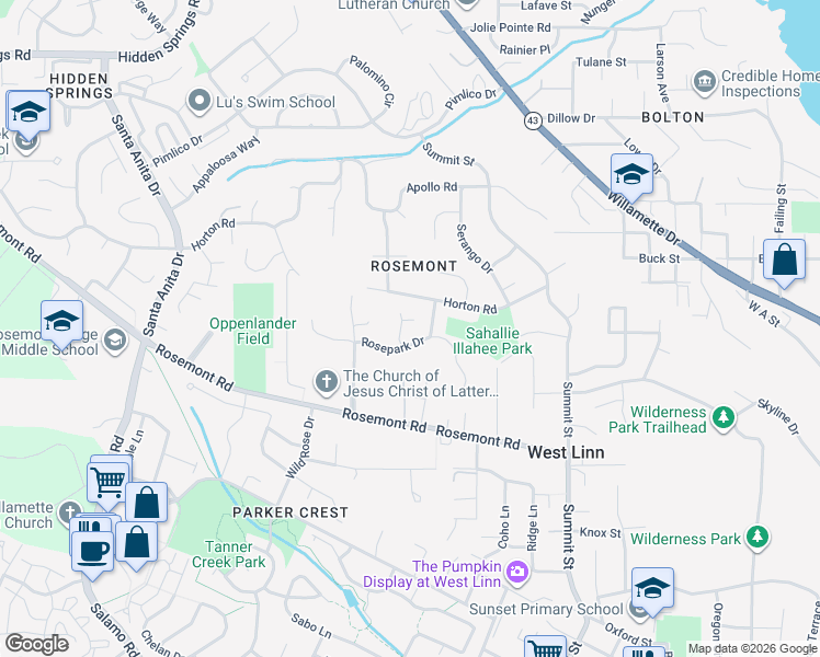 map of restaurants, bars, coffee shops, grocery stores, and more near 21470 Rosepark Court in West Linn
