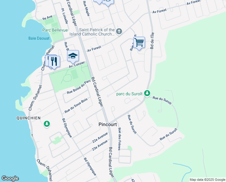 map of restaurants, bars, coffee shops, grocery stores, and more near 210 Rue du Bosquet in Pincourt