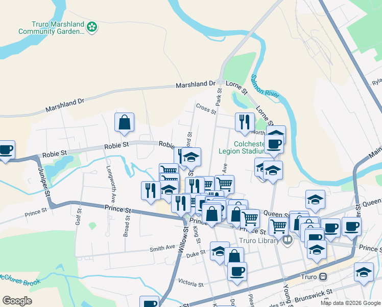 map of restaurants, bars, coffee shops, grocery stores, and more near 503 Robie Street in Truro