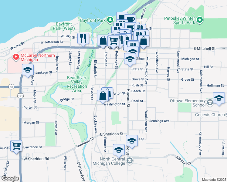 map of restaurants, bars, coffee shops, grocery stores, and more near 915 Petoskey St in Petoskey