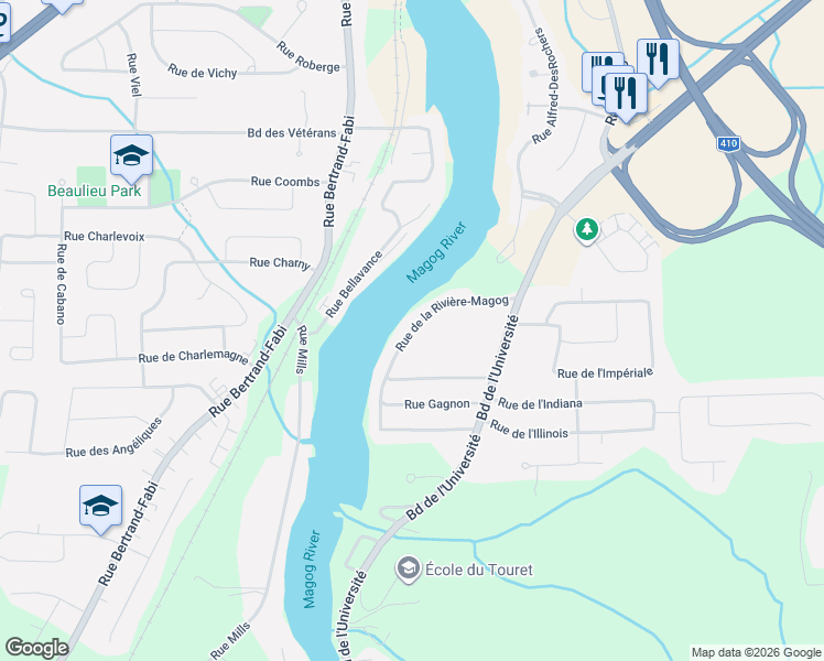 map of restaurants, bars, coffee shops, grocery stores, and more near Rue de la Rivière-Magog in Sherbrooke