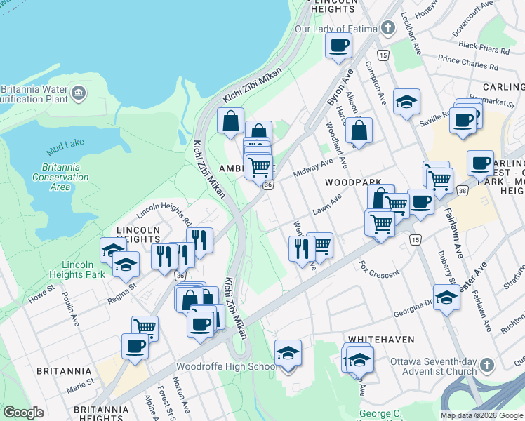 map of restaurants, bars, coffee shops, grocery stores, and more near 68 Mayflower Private in Ottawa