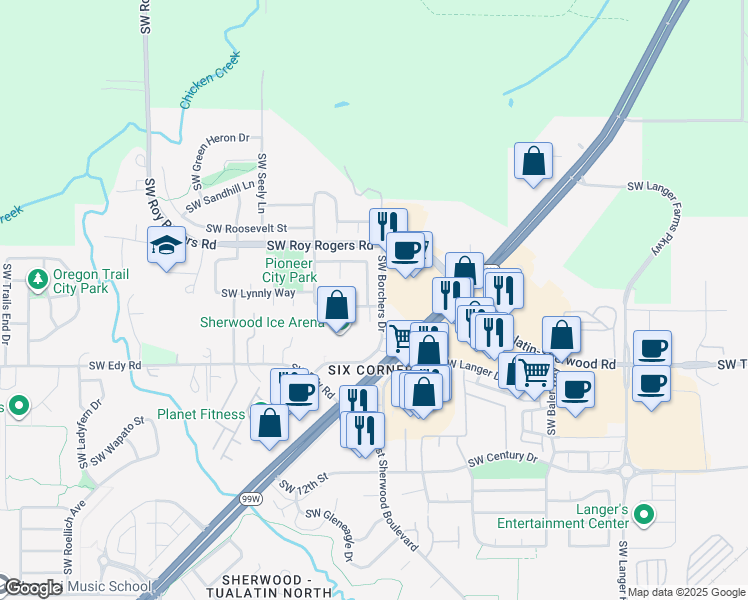map of restaurants, bars, coffee shops, grocery stores, and more near 20784 Southwest Windflower Avenue in Sherwood