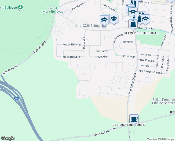 map of restaurants, bars, coffee shops, grocery stores, and more near 840 Rue des Paillettes-d'Or in Sherbrooke