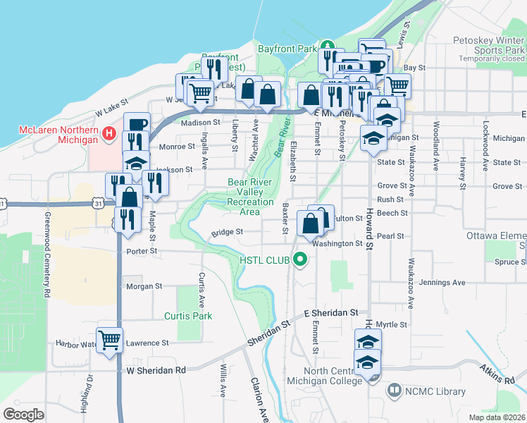 map of restaurants, bars, coffee shops, grocery stores, and more near 911 Franklin Street in Petoskey