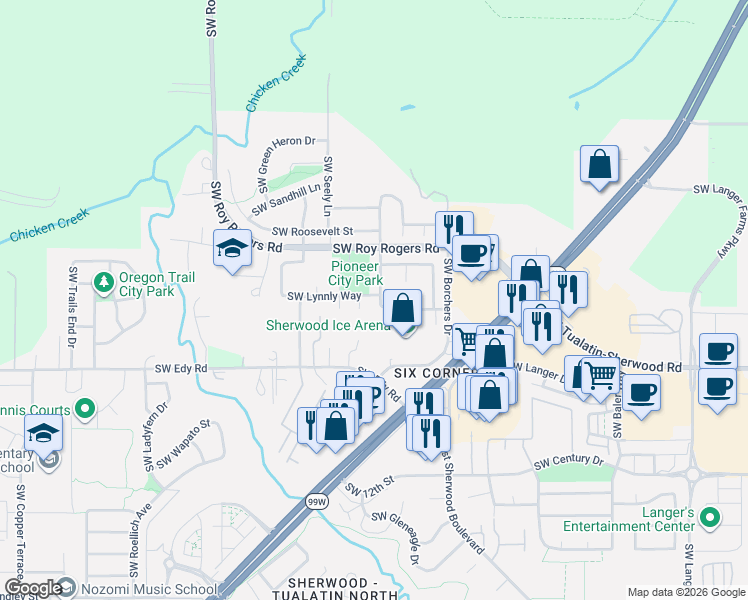 map of restaurants, bars, coffee shops, grocery stores, and more near 20627 Southwest Lavender Avenue in Sherwood