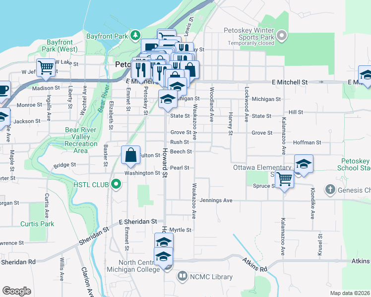 map of restaurants, bars, coffee shops, grocery stores, and more near 430 Grove St in Petoskey