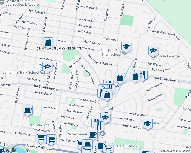map of restaurants, bars, coffee shops, grocery stores, and more near 195 Boulevard Maple in Châteauguay