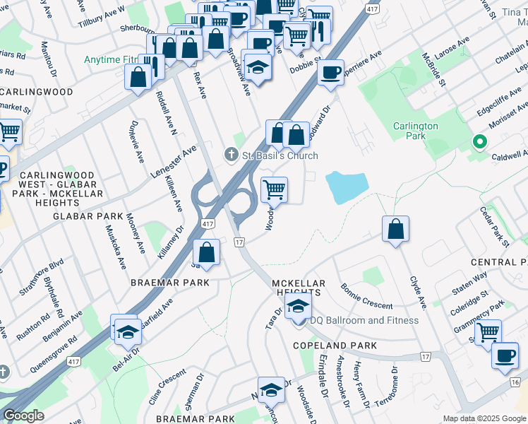 map of restaurants, bars, coffee shops, grocery stores, and more near 1770 Woodward Drive in Ottawa