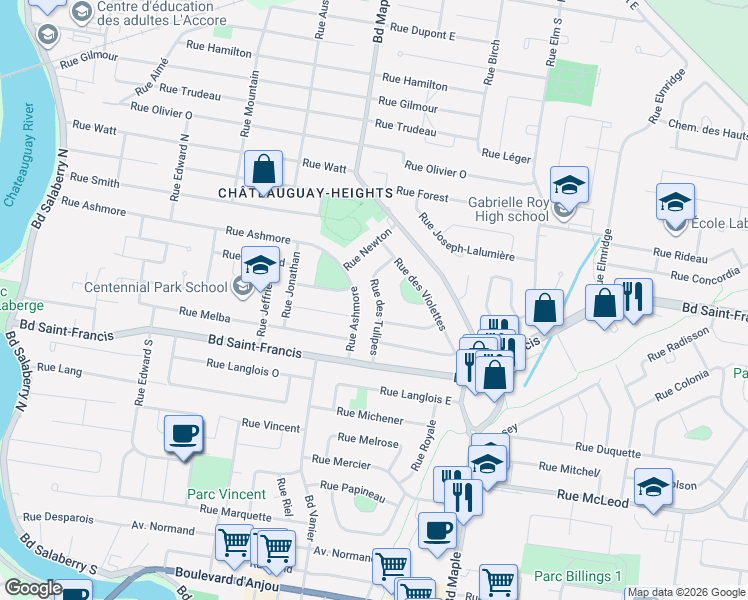 map of restaurants, bars, coffee shops, grocery stores, and more near 89 Rue des Tulipes in Châteauguay