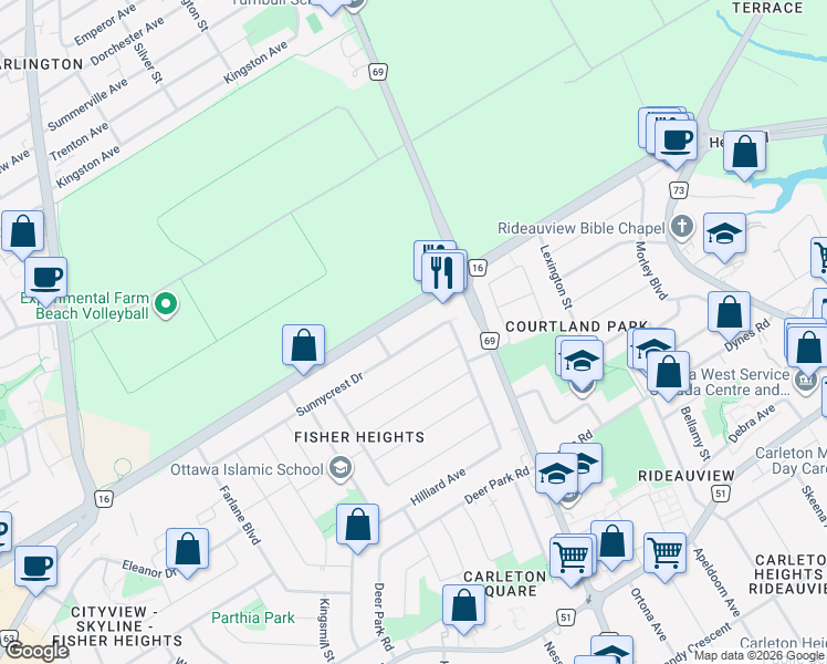 map of restaurants, bars, coffee shops, grocery stores, and more near 13 Sunnycrest Drive in Ottawa