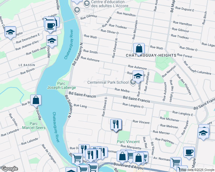 map of restaurants, bars, coffee shops, grocery stores, and more near 35 Rue Melba in Châteauguay