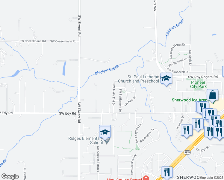 map of restaurants, bars, coffee shops, grocery stores, and more near 20697 Southwest Trails End Drive in Sherwood