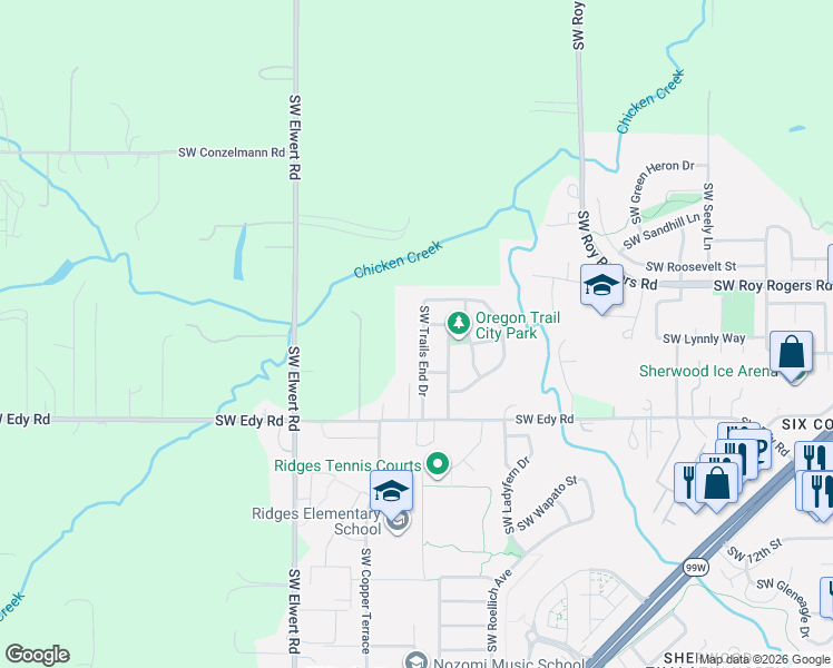 map of restaurants, bars, coffee shops, grocery stores, and more near 20697 Southwest Trails End Drive in Sherwood