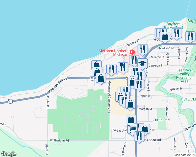 map of restaurants, bars, coffee shops, grocery stores, and more near 700 Hillside Drive in Petoskey