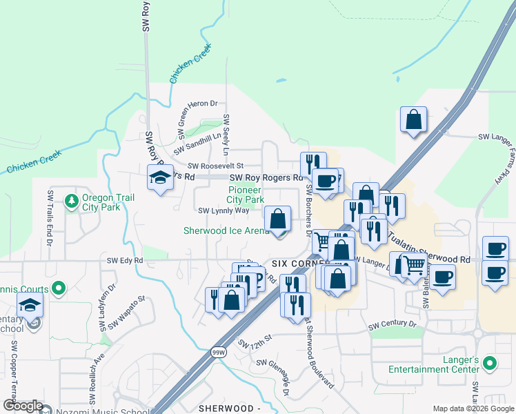 map of restaurants, bars, coffee shops, grocery stores, and more near 20627 Southwest Lavender Avenue in Sherwood