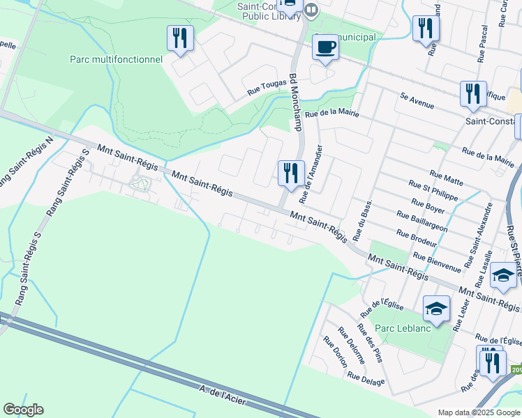 map of restaurants, bars, coffee shops, grocery stores, and more near 178 Montée Saint-Régis in Saint-Constant
