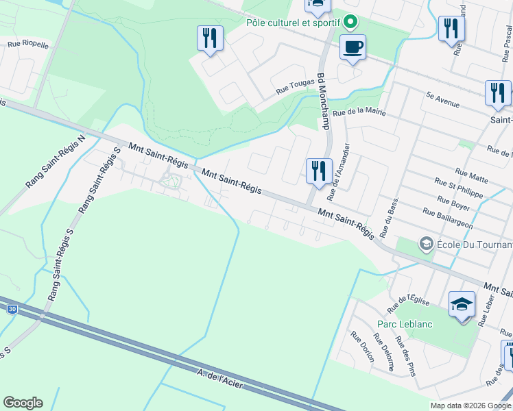 map of restaurants, bars, coffee shops, grocery stores, and more near 235 Rue du Géranium in Saint-Constant
