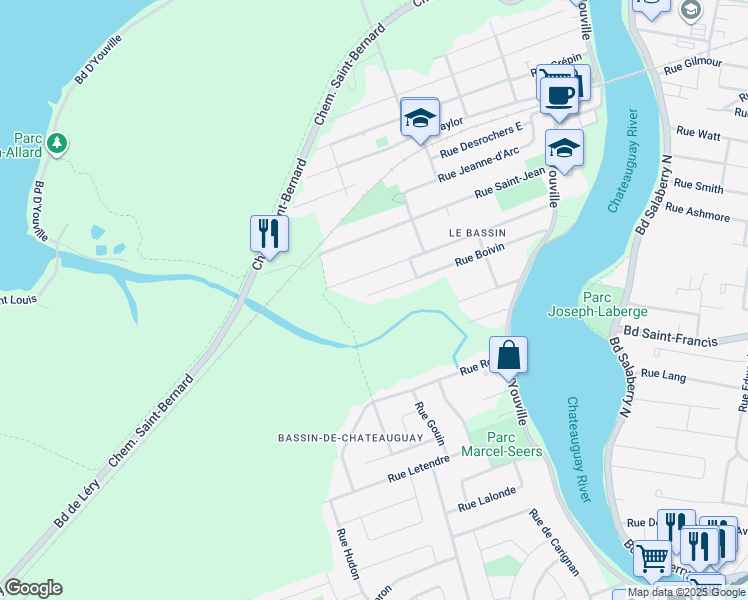 map of restaurants, bars, coffee shops, grocery stores, and more near 150 Rue Boivin in Châteauguay
