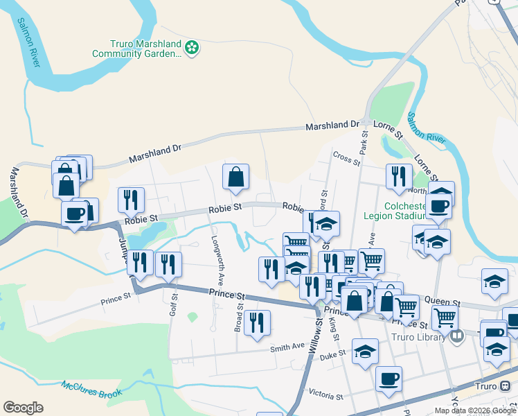 map of restaurants, bars, coffee shops, grocery stores, and more near 430 Robie Street in Truro