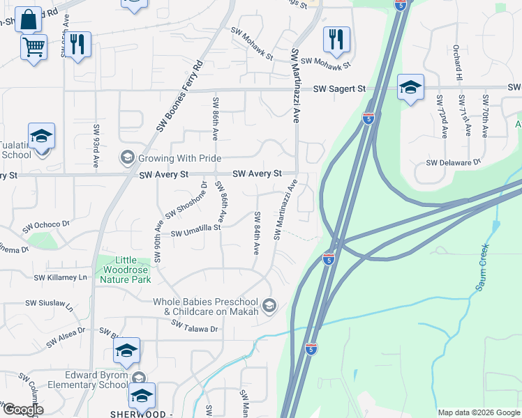 map of restaurants, bars, coffee shops, grocery stores, and more near 20653 Southwest 84th Avenue in Tualatin