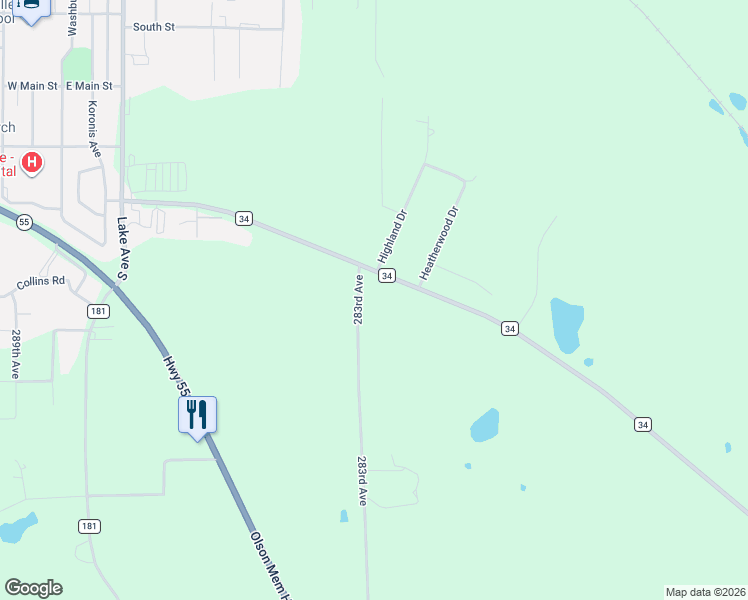 map of restaurants, bars, coffee shops, grocery stores, and more near 17082 283rd Avenue in Paynesville