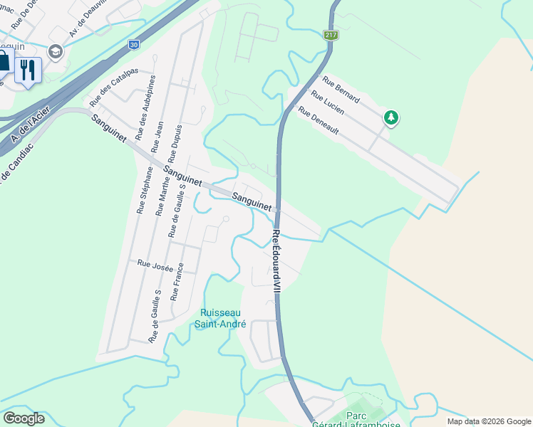 map of restaurants, bars, coffee shops, grocery stores, and more near 65 Sanguinet in Saint-Philippe