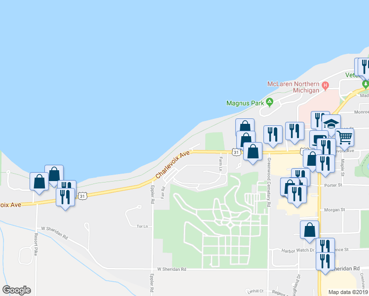 map of restaurants, bars, coffee shops, grocery stores, and more near 1200 Charlevoix Avenue in Petoskey
