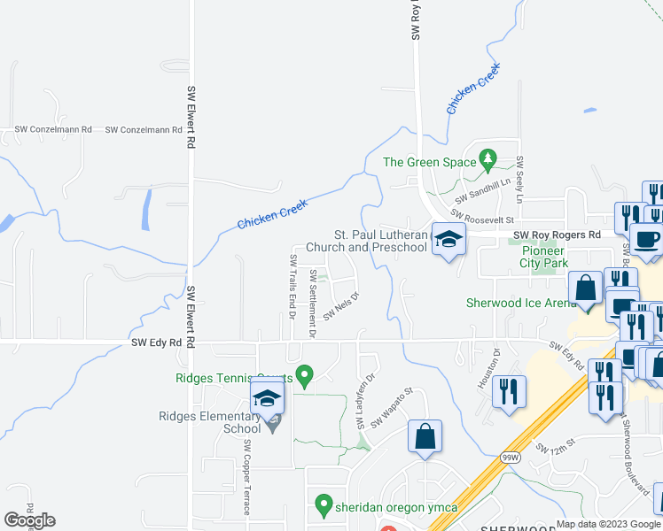 map of restaurants, bars, coffee shops, grocery stores, and more near 17665 Southwest Nels Drive in Sherwood