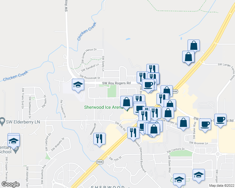 map of restaurants, bars, coffee shops, grocery stores, and more near 20661 Southwest Lavender Avenue in Sherwood