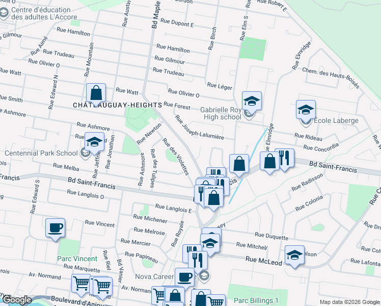 map of restaurants, bars, coffee shops, grocery stores, and more near Boulevard Maple in Châteauguay