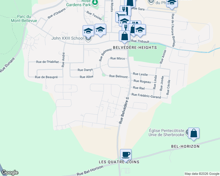 map of restaurants, bars, coffee shops, grocery stores, and more near 912 Rue Ells in Sherbrooke