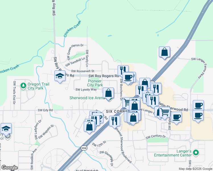 map of restaurants, bars, coffee shops, grocery stores, and more near 20659 Southwest Sun Drop Place in Sherwood