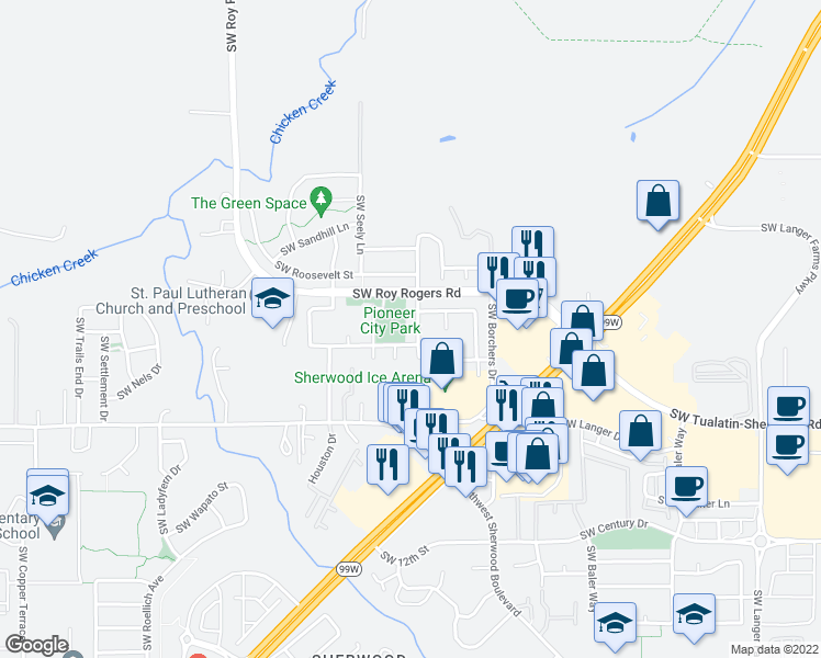 map of restaurants, bars, coffee shops, grocery stores, and more near 20643 Southwest Lavender Avenue in Sherwood