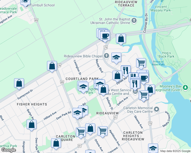 map of restaurants, bars, coffee shops, grocery stores, and more near 1453 Lexington Street in Ottawa