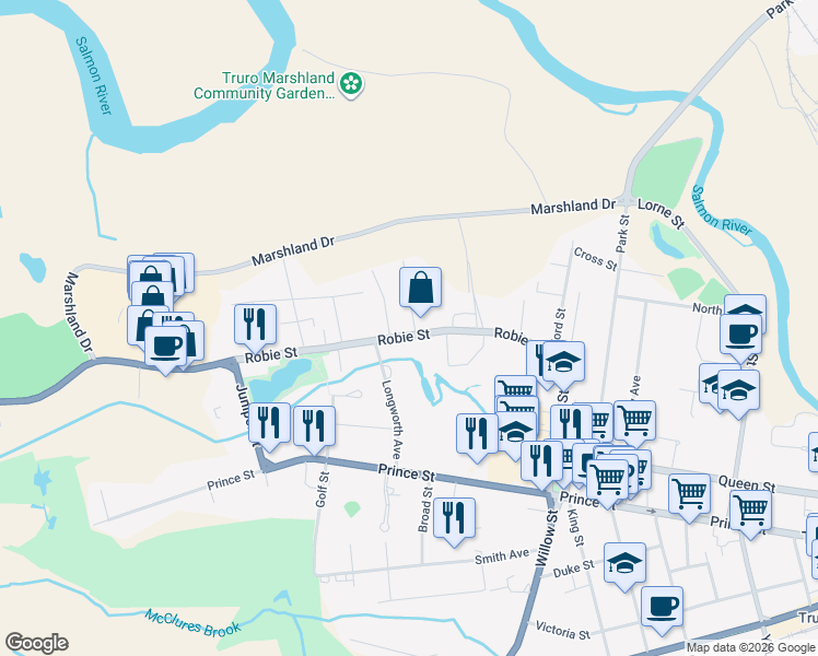 map of restaurants, bars, coffee shops, grocery stores, and more near 401 Robie Street in Truro