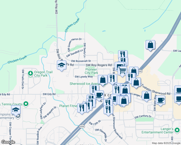map of restaurants, bars, coffee shops, grocery stores, and more near 20570 Southwest Jonquil Terrace in Sherwood