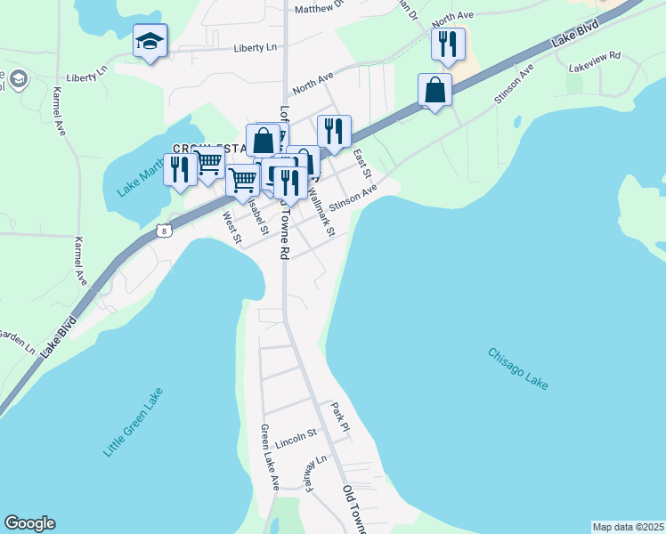 map of restaurants, bars, coffee shops, grocery stores, and more near 29191 Main Street in Chisago City