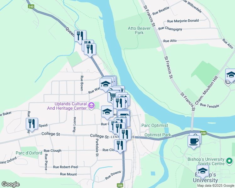 map of restaurants, bars, coffee shops, grocery stores, and more near 192 Rue Queen in Sherbrooke