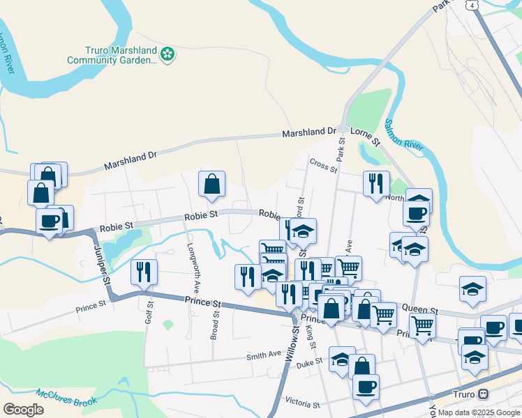 map of restaurants, bars, coffee shops, grocery stores, and more near 457 Robie Street in Truro