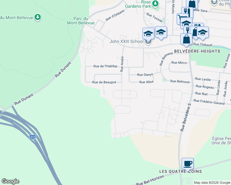map of restaurants, bars, coffee shops, grocery stores, and more near 971 Rue des Orpailleurs in Sherbrooke