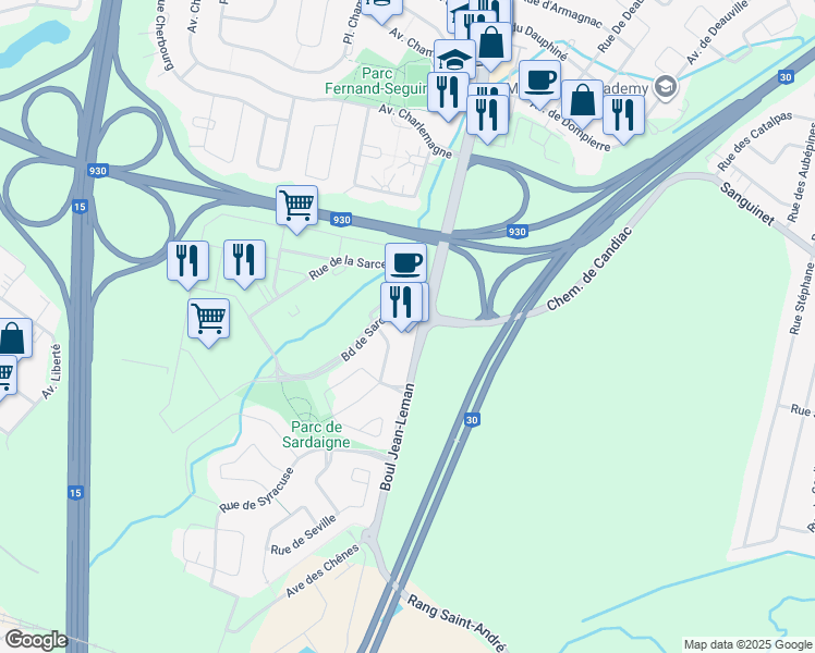 map of restaurants, bars, coffee shops, grocery stores, and more near 1 Rue de Sardaigne in Candiac