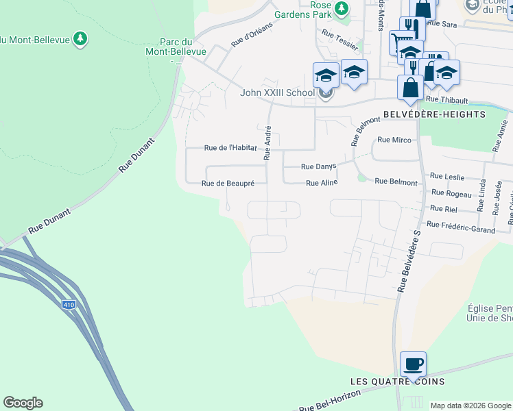 map of restaurants, bars, coffee shops, grocery stores, and more near 965 Rue des Orpailleurs in Sherbrooke
