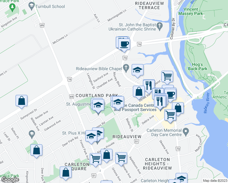 map of restaurants, bars, coffee shops, grocery stores, and more near 1453 Lexington Street in Ottawa