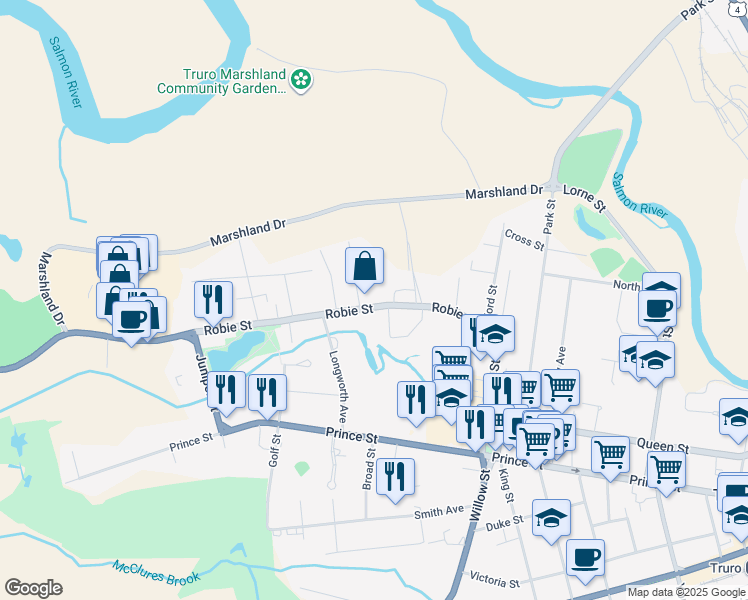 map of restaurants, bars, coffee shops, grocery stores, and more near 411 Robie Street in Truro