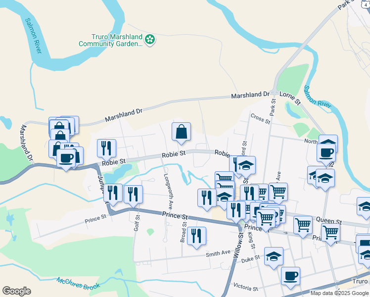 map of restaurants, bars, coffee shops, grocery stores, and more near 411 Robie Street in Truro
