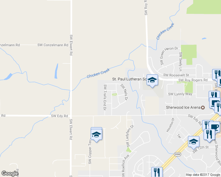 map of restaurants, bars, coffee shops, grocery stores, and more near 17921 Southwest Farwest Lane in Sherwood