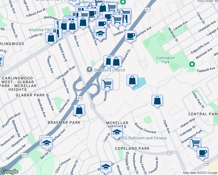 map of restaurants, bars, coffee shops, grocery stores, and more near 1770 Woodward Drive in Ottawa