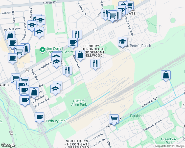 map of restaurants, bars, coffee shops, grocery stores, and more near 3025 Albion Road North in Ottawa